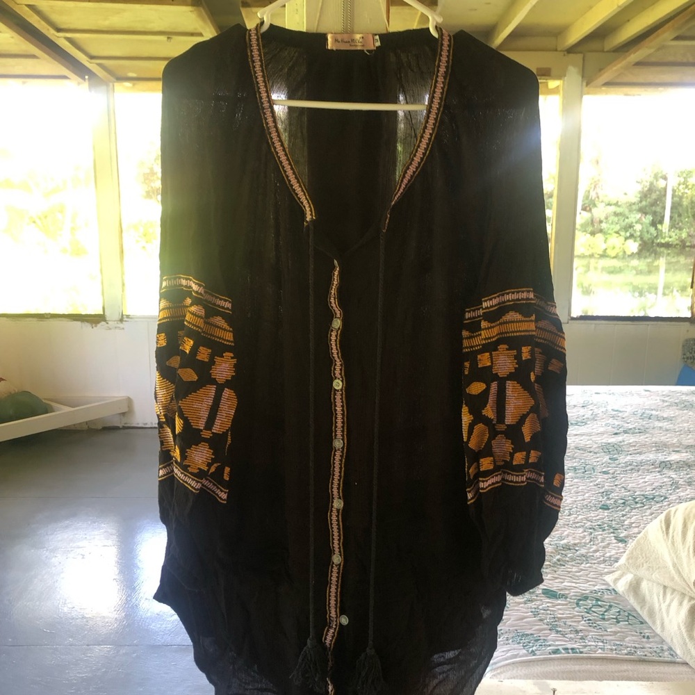Black Bohemian Tunic with Orange Embroidery